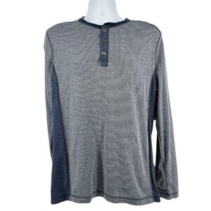 Marc Anthony Henley Shirt Preppy Minimalist Blue Gray Long Sleeve Striped Mens L
